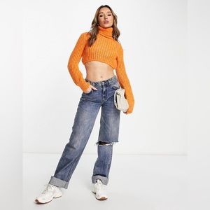 Mango roll neck cropped sweater in orange